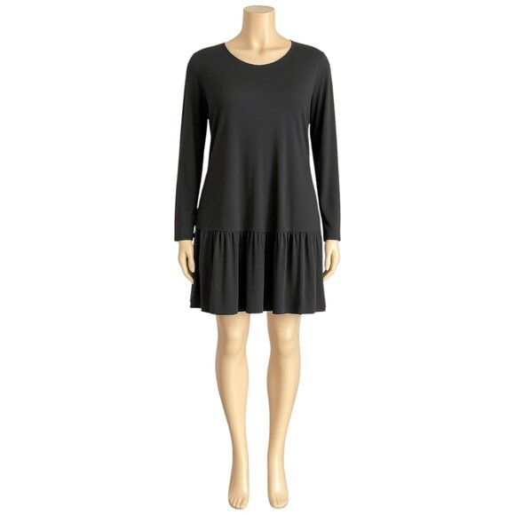 Women’s Black Long Sleeve Relaxed Fit Layered Dress XL Knee Length Self Tie Belt - Picture 1 of 10